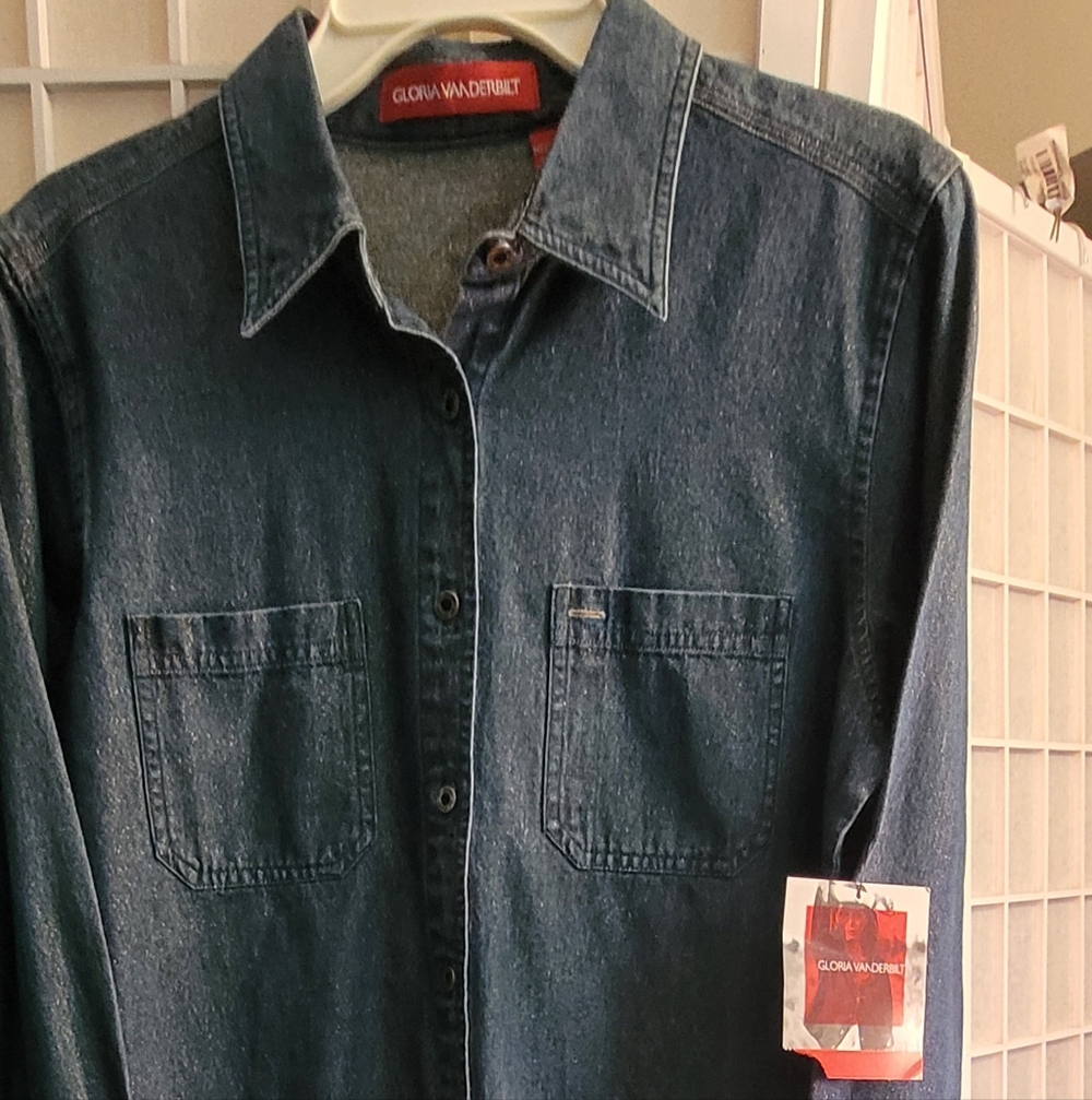Gloria Vanderbilt Gold Lurex and Denim Button Front Shirt, Size M NWT